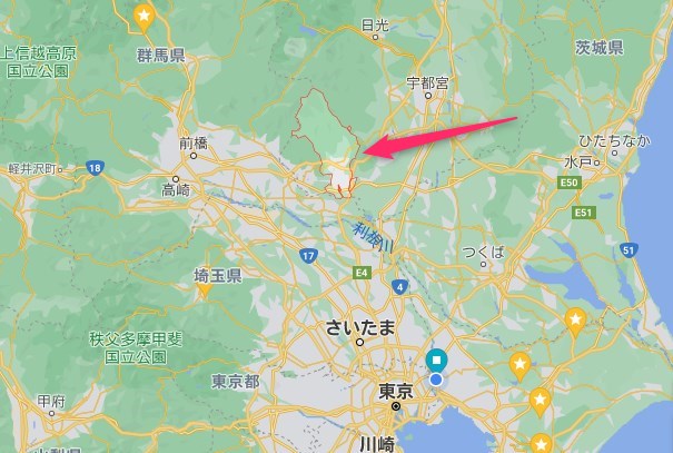 栃木県佐野市の位置　Googleマップより引用