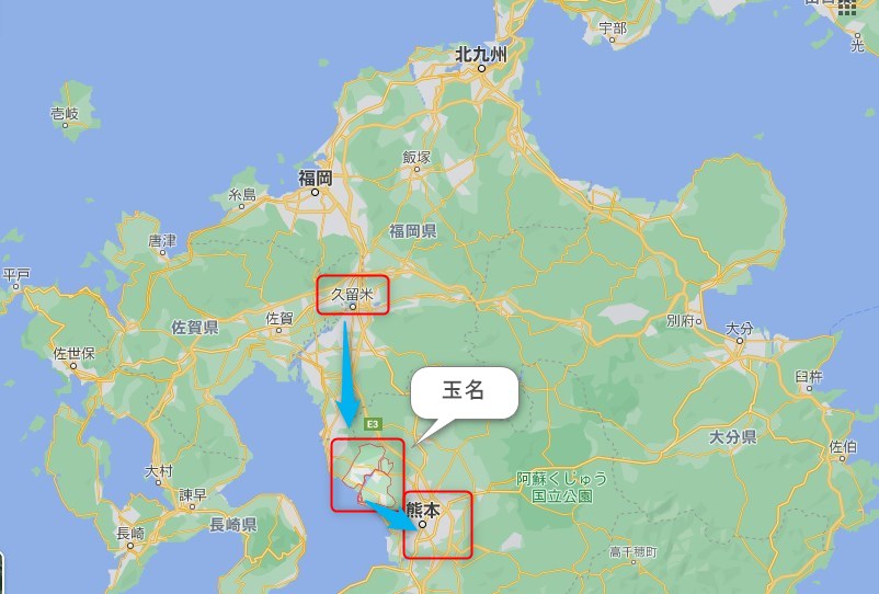 熊本県玉名市の位置　矢印はラーメンが伝わった経路