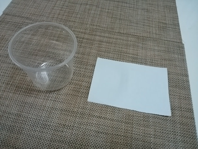 透明なプラスチックの容器　ハガキ大の用紙１枚